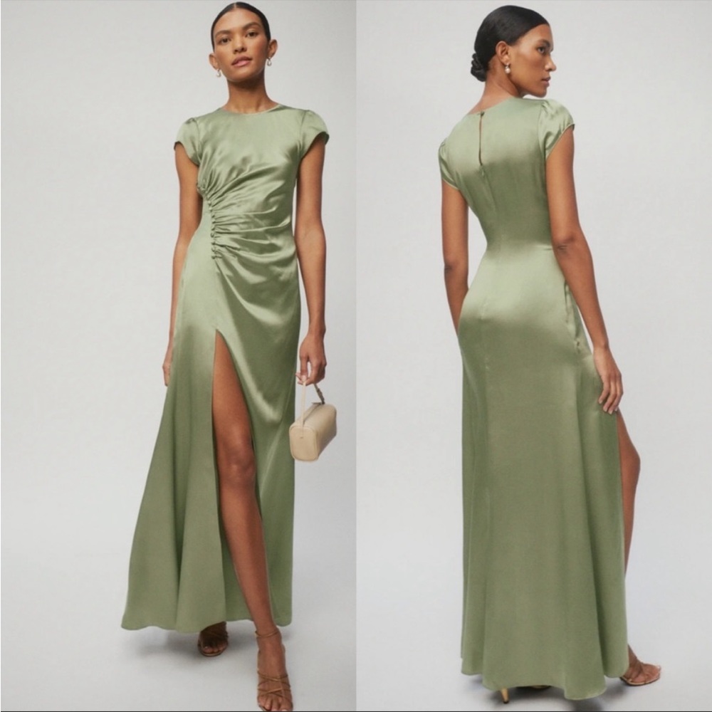 BRAND NWT $400 Reformation Birch Silk Dress Sz 2 Slit Sage Green Artichoke gown